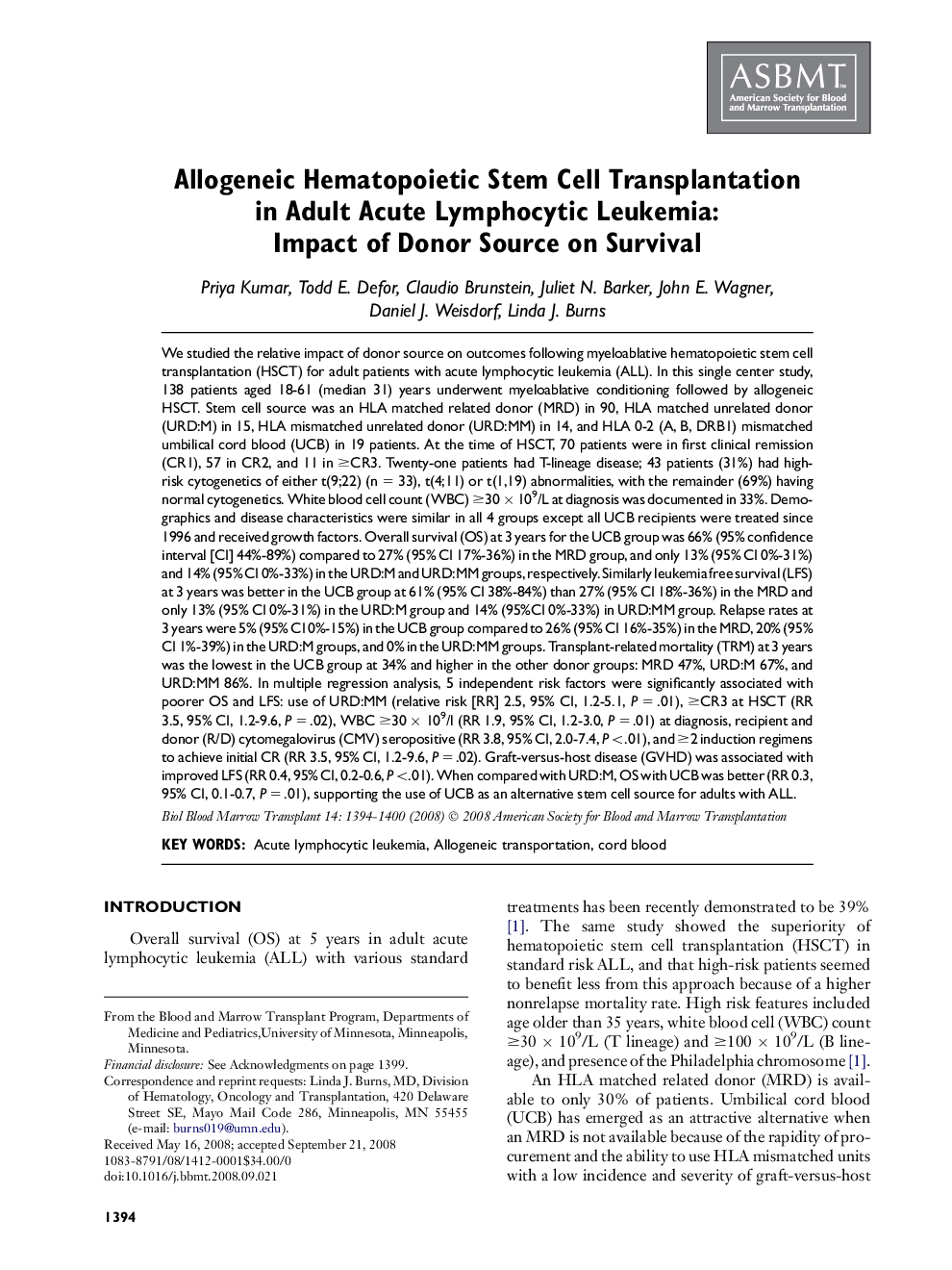 Allogeneic Hematopoietic Stem Cell Transplantation in Adult Acute Lymphocytic Leukemia: Impact of Donor Source on Survival 