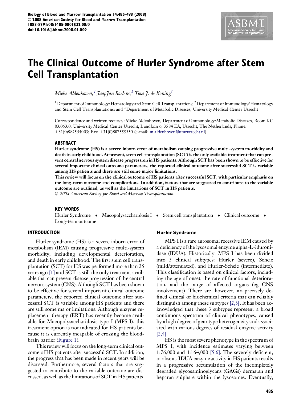The Clinical Outcome of Hurler Syndrome after Stem Cell Transplantation