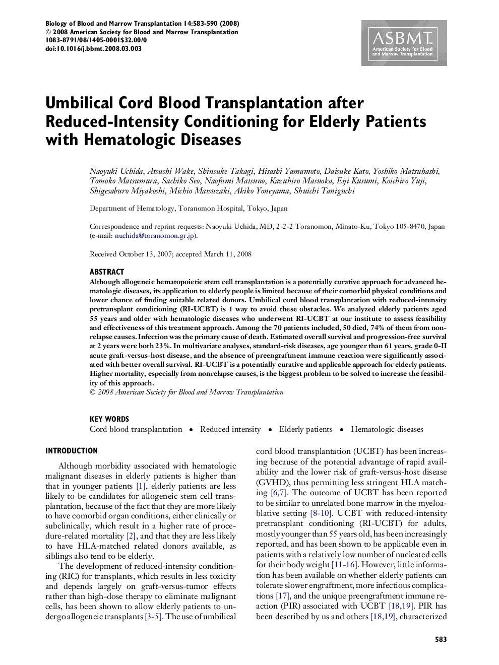 Umbilical Cord Blood Transplantation after Reduced-Intensity Conditioning for Elderly Patients with Hematologic Diseases