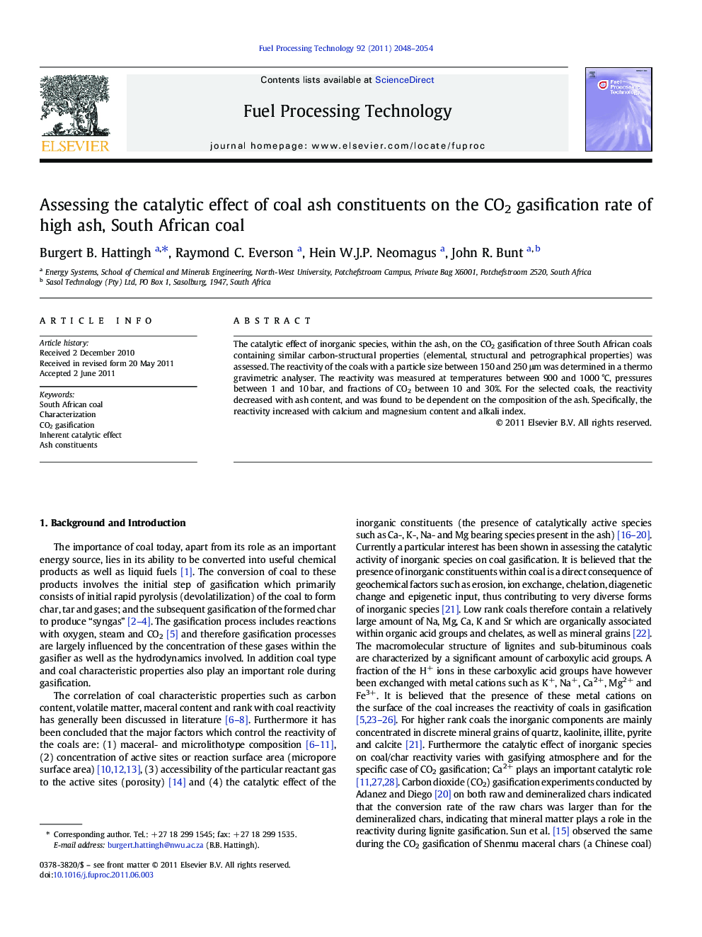 Assessing the catalytic effect of coal ash constituents on the CO2 gasification rate of high ash, South African coal