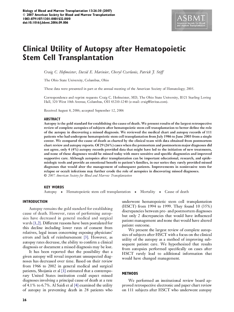 Clinical Utility of Autopsy after Hematopoietic Stem Cell Transplantation