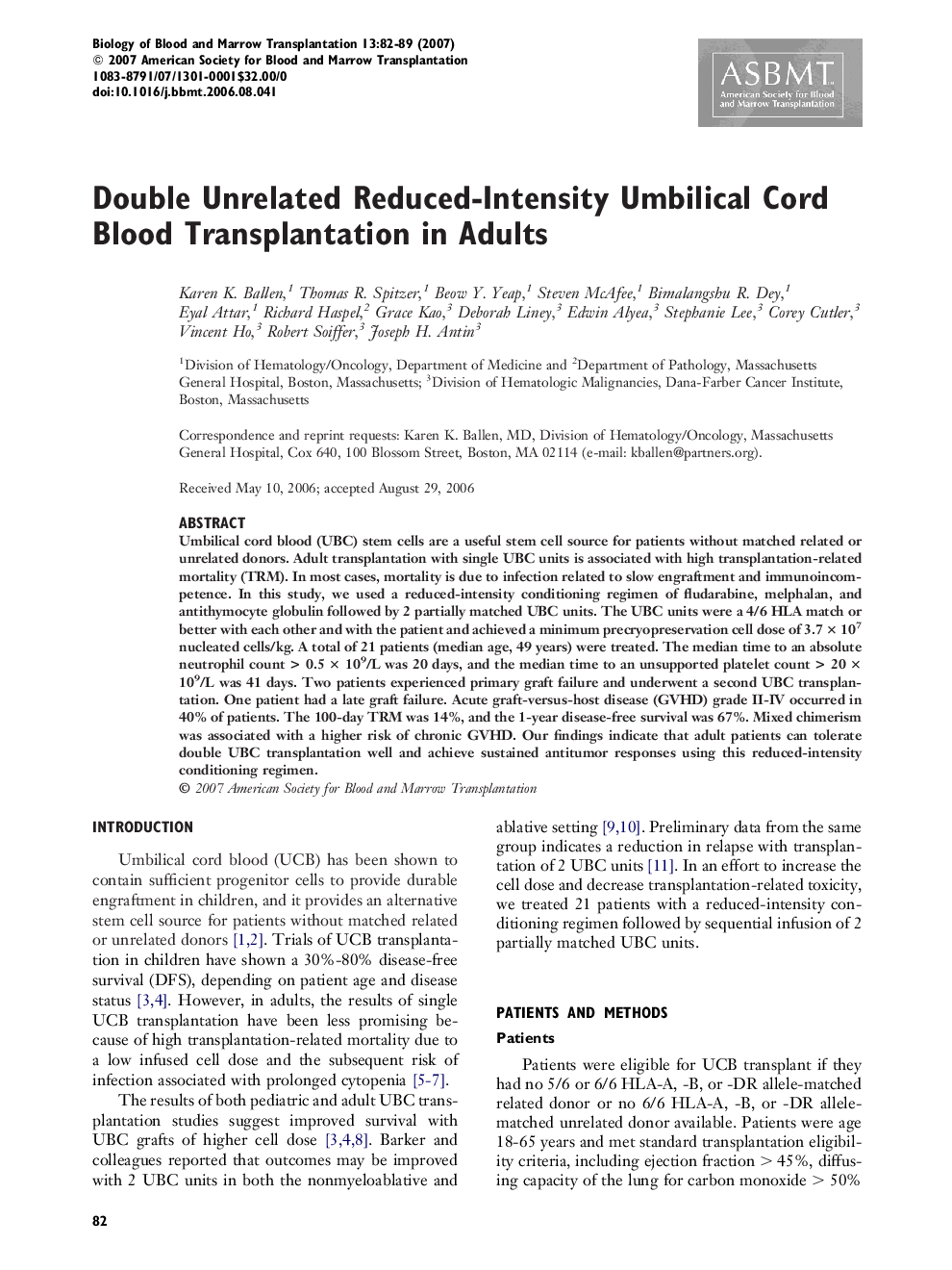 Double Unrelated Reduced-Intensity Umbilical Cord Blood Transplantation in Adults