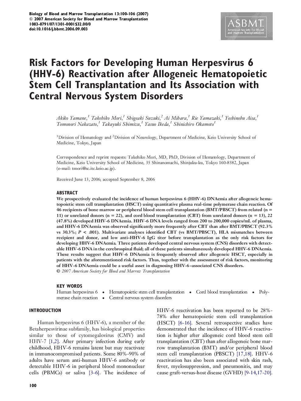 عکس صفحه اول مقاله: Risk Factors for Developing Human Herpesvirus 6 (HHV-6) Reactivation after Allogeneic Hematopoietic Stem Cell Transplantation and Its Association with Central Nervous System Disorders Risk Factors for Developing Human Herpesvirus 6 (HHV-6) Reactivation after Allogeneic Hematopoietic Stem Cell Transplantation and Its Association with Central Nervous System Disorders