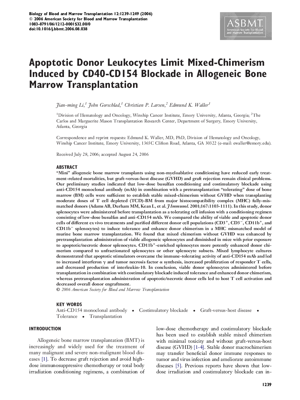 Apoptotic Donor Leukocytes Limit Mixed-Chimerism Induced by CD40-CD154 Blockade in Allogeneic Bone Marrow Transplantation