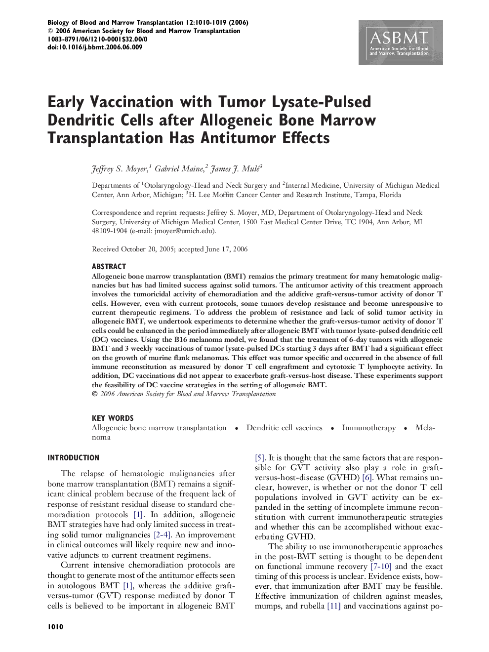 Early Vaccination with Tumor Lysate-Pulsed Dendritic Cells after Allogeneic Bone Marrow Transplantation Has Antitumor Effects