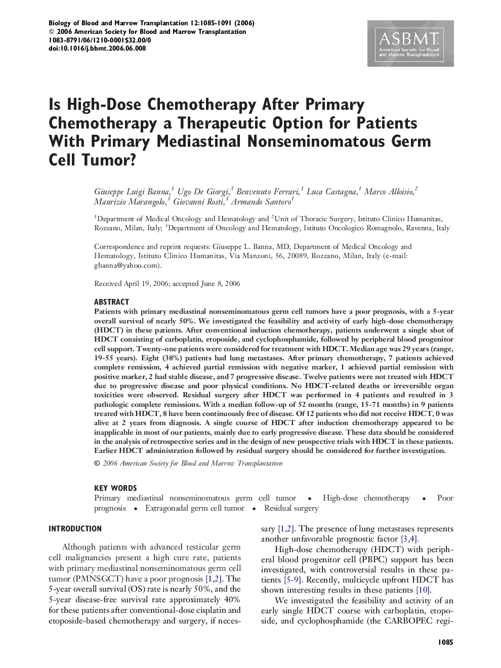 Is High-Dose Chemotherapy After Primary Chemotherapy a Therapeutic Option for Patients With Primary Mediastinal Nonseminomatous Germ Cell Tumor?