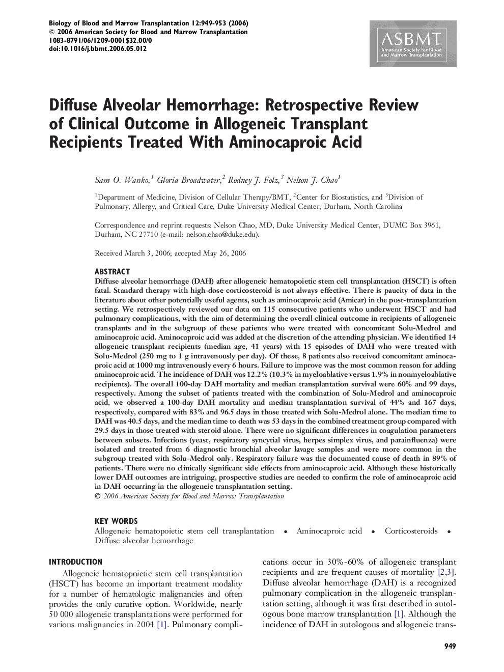 Diffuse Alveolar Hemorrhage: Retrospective Review of Clinical Outcome in Allogeneic Transplant Recipients Treated With Aminocaproic Acid