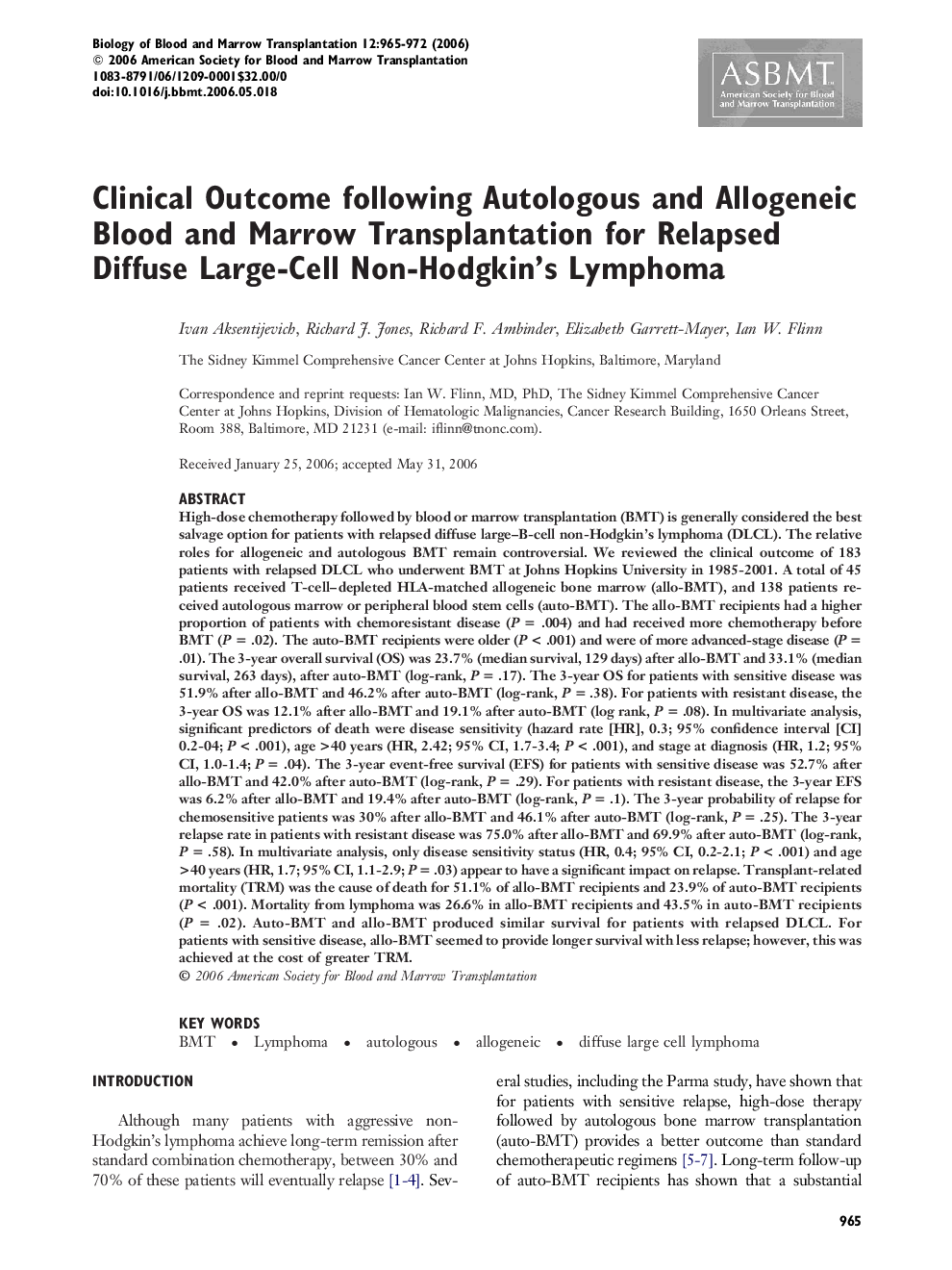 Clinical Outcome following Autologous and Allogeneic Blood and Marrow Transplantation for Relapsed Diffuse Large-Cell Non-Hodgkin’s Lymphoma