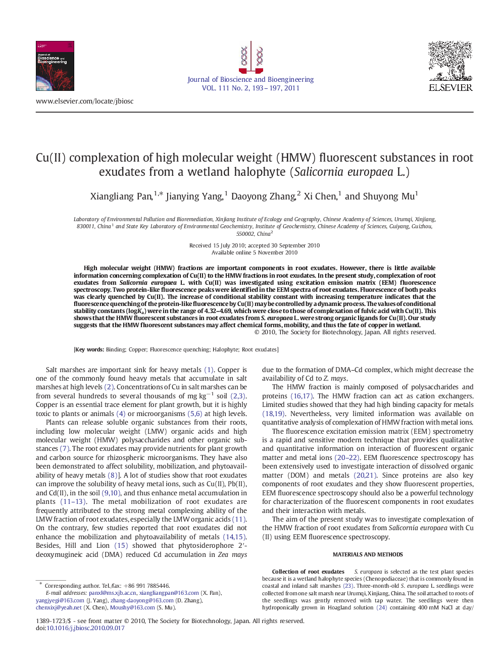 Cu(II) complexation of high molecular weight (HMW) fluorescent substances in root exudates from a wetland halophyte (Salicornia europaea L.)