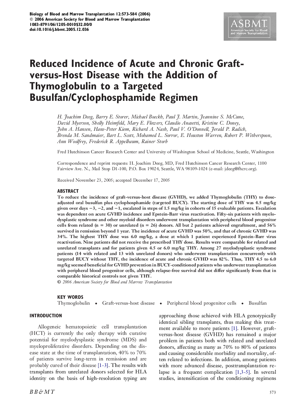 Reduced Incidence of Acute and Chronic Graft-versus-Host Disease with the Addition of Thymoglobulin to a Targeted Busulfan/Cyclophosphamide Regimen