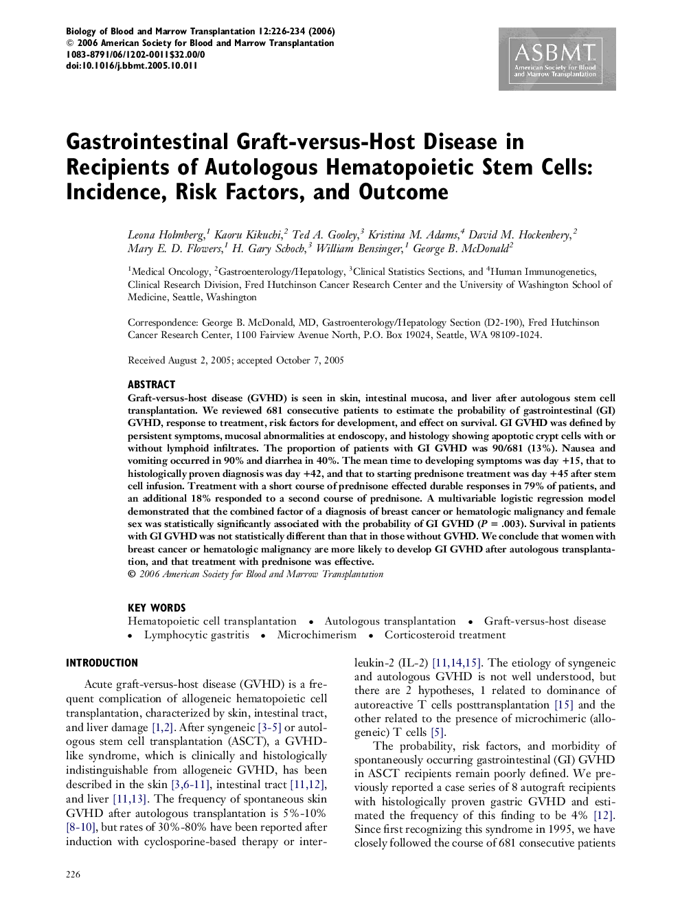 Gastrointestinal Graft-versus-Host Disease in Recipients of Autologous Hematopoietic Stem Cells: Incidence, Risk Factors, and Outcome