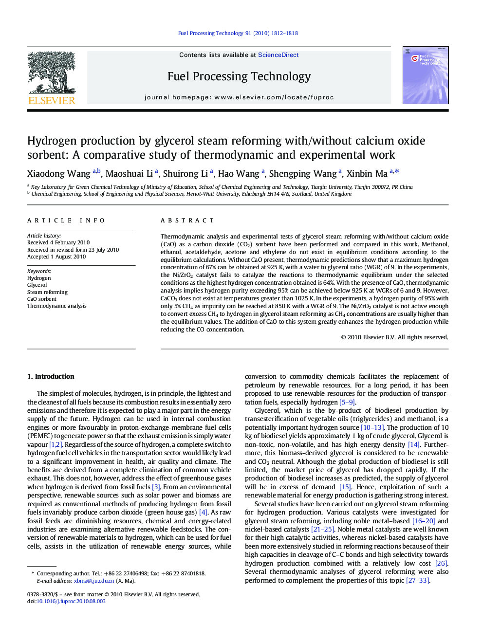 Hydrogen production by glycerol steam reforming with/without calcium oxide sorbent: A comparative study of thermodynamic and experimental work