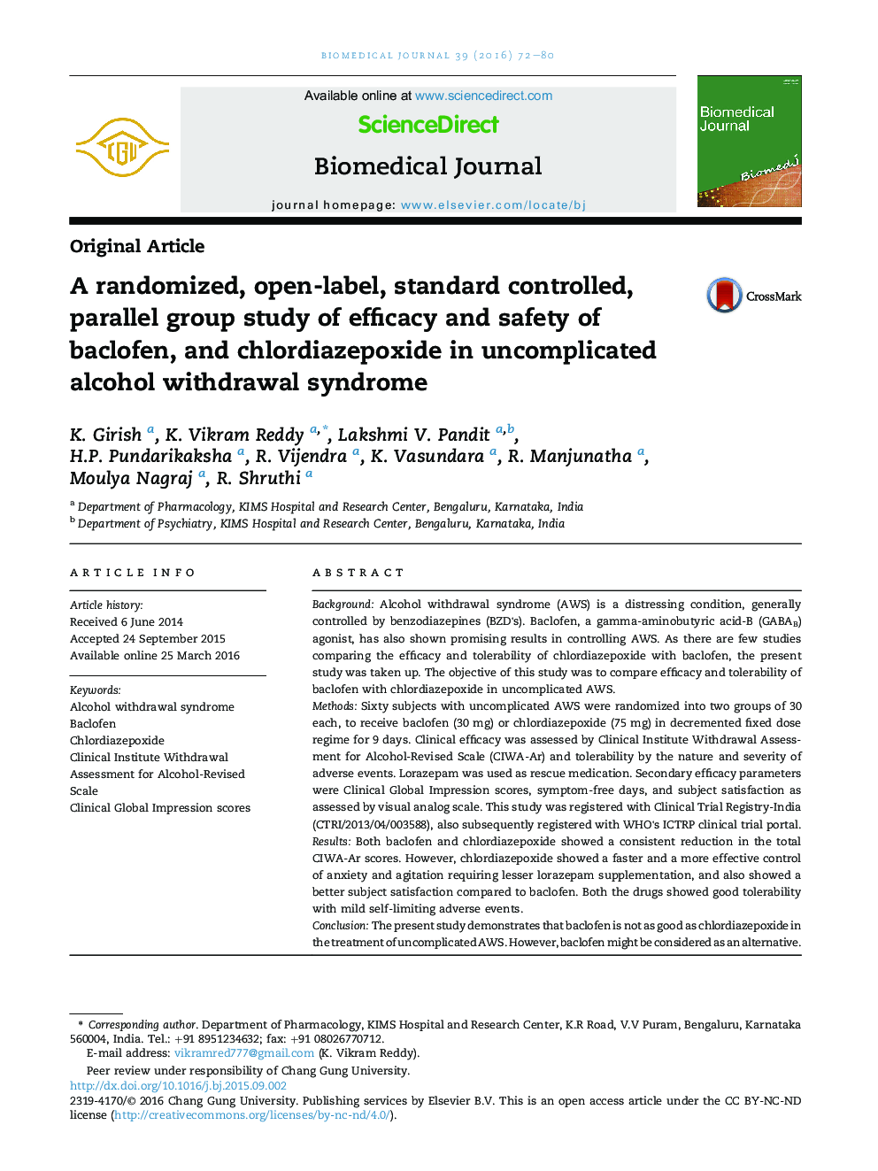 A randomized, open-label, standard controlled, parallel group study of efficacy and safety of baclofen, and chlordiazepoxide in uncomplicated alcohol withdrawal syndrome 