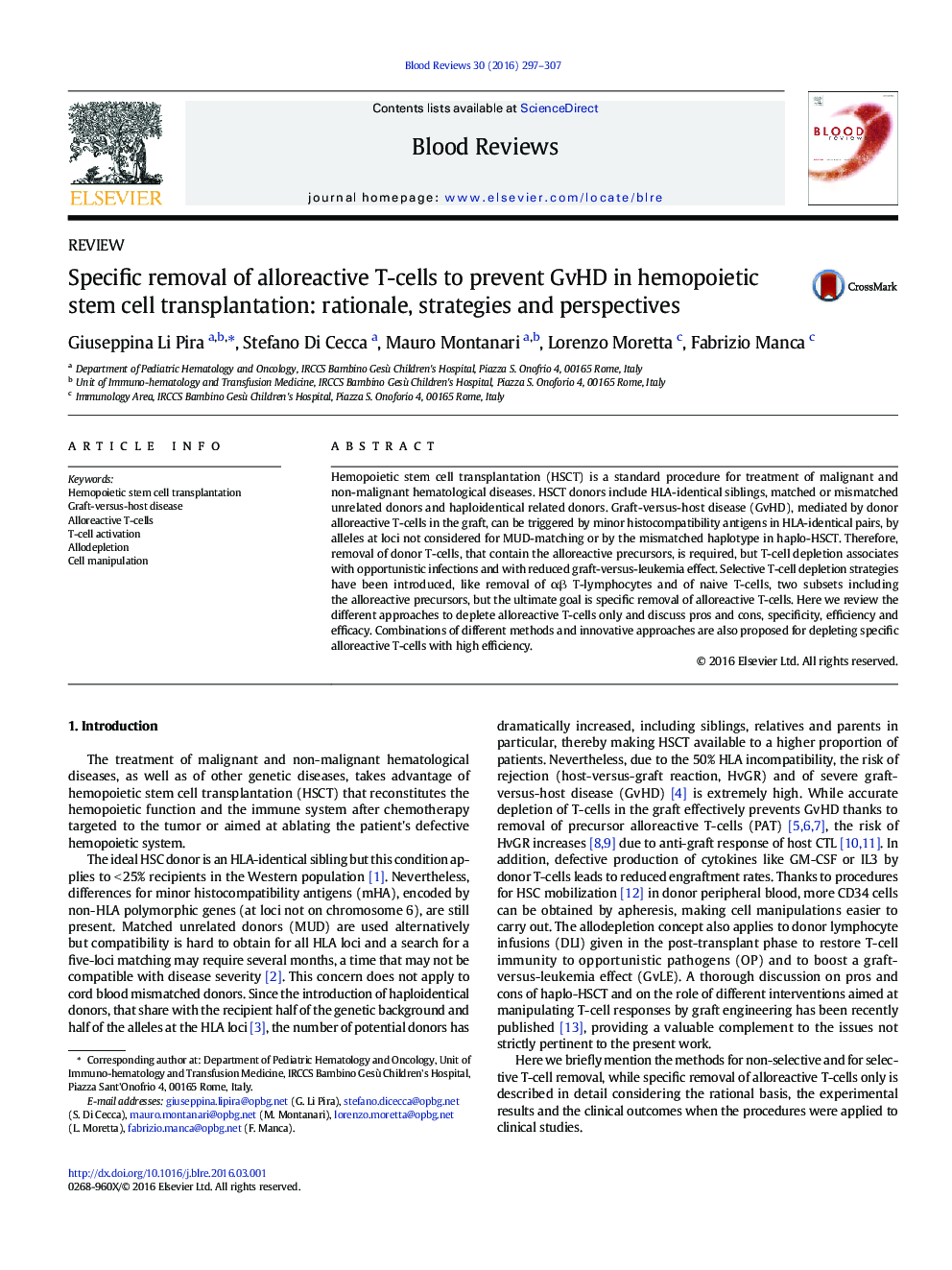 Specific removal of alloreactive T-cells to prevent GvHD in hemopoietic stem cell transplantation: rationale, strategies and perspectives