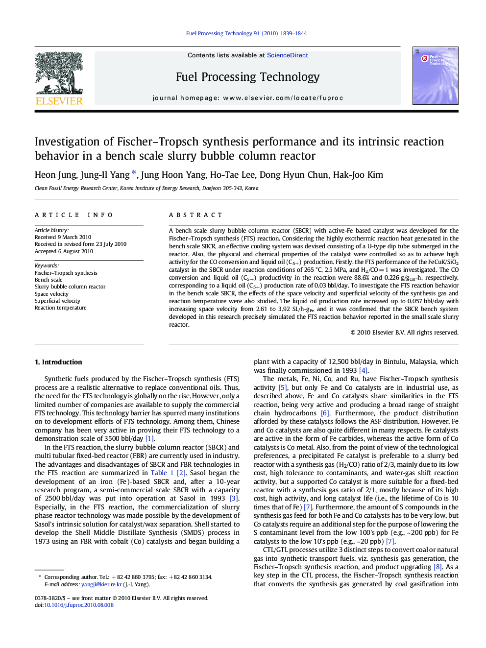 Investigation of Fischer–Tropsch synthesis performance and its intrinsic reaction behavior in a bench scale slurry bubble column reactor