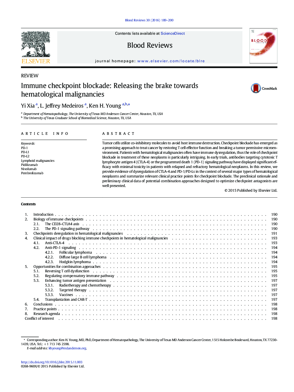 Immune checkpoint blockade: Releasing the brake towards hematological malignancies