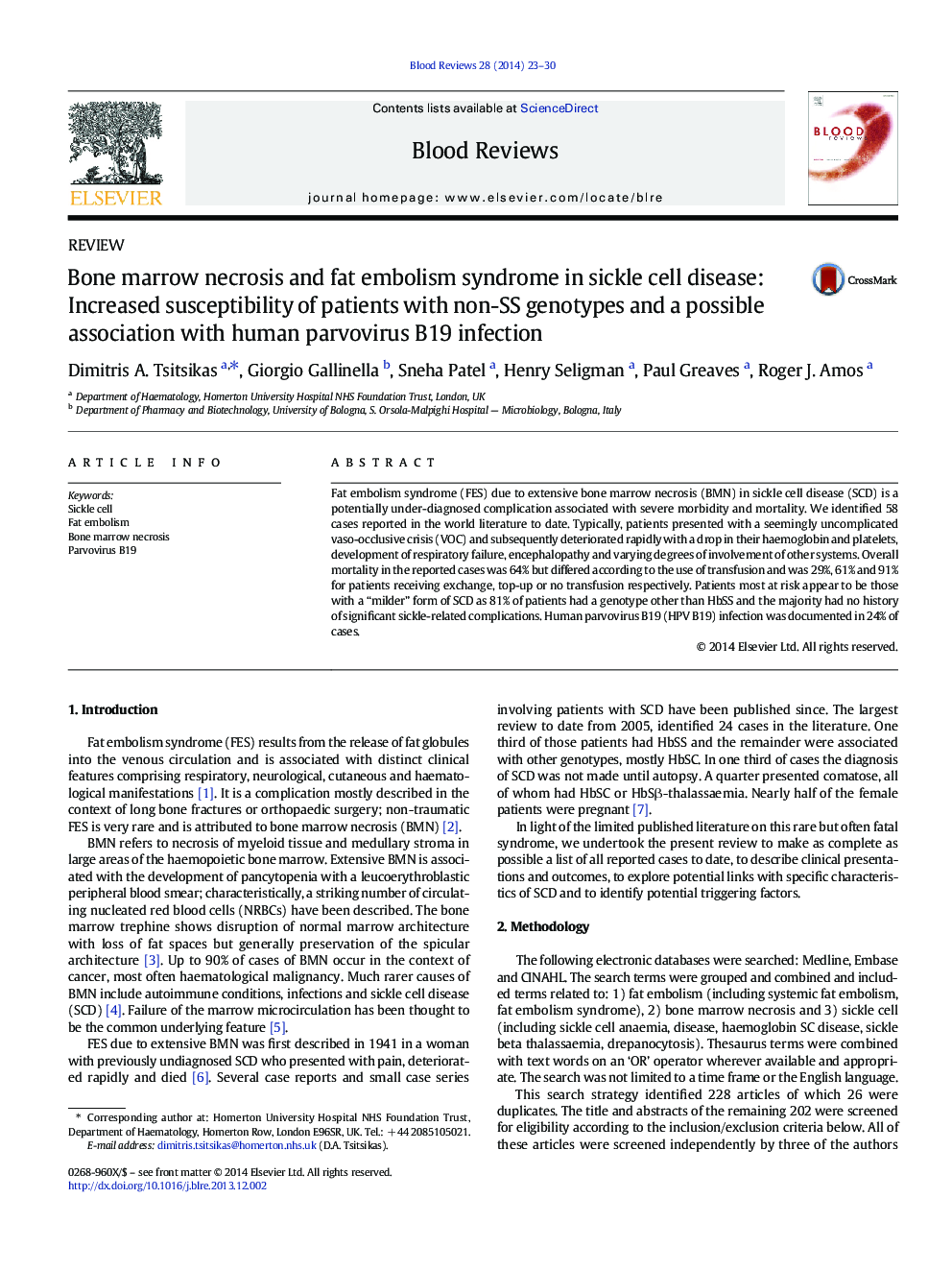 Bone marrow necrosis and fat embolism syndrome in sickle cell disease: Increased susceptibility of patients with non-SS genotypes and a possible association with human parvovirus B19 infection