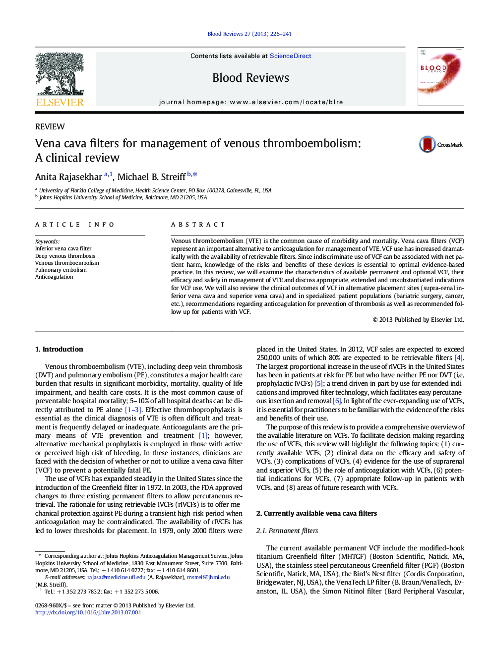 Vena cava filters for management of venous thromboembolism: A clinical review