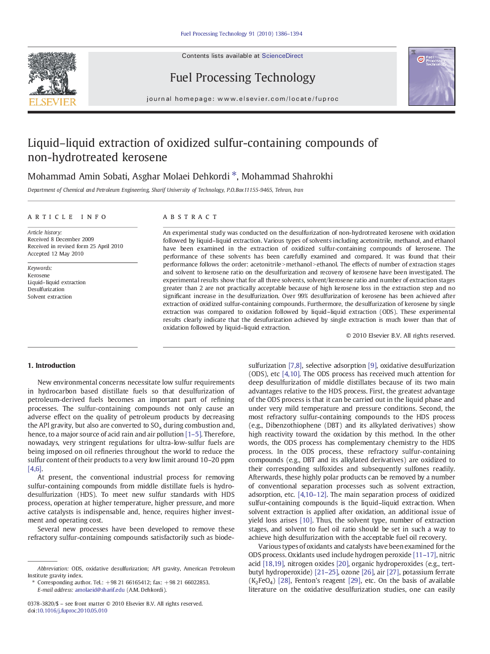 Liquid–liquid extraction of oxidized sulfur-containing compounds of non-hydrotreated kerosene