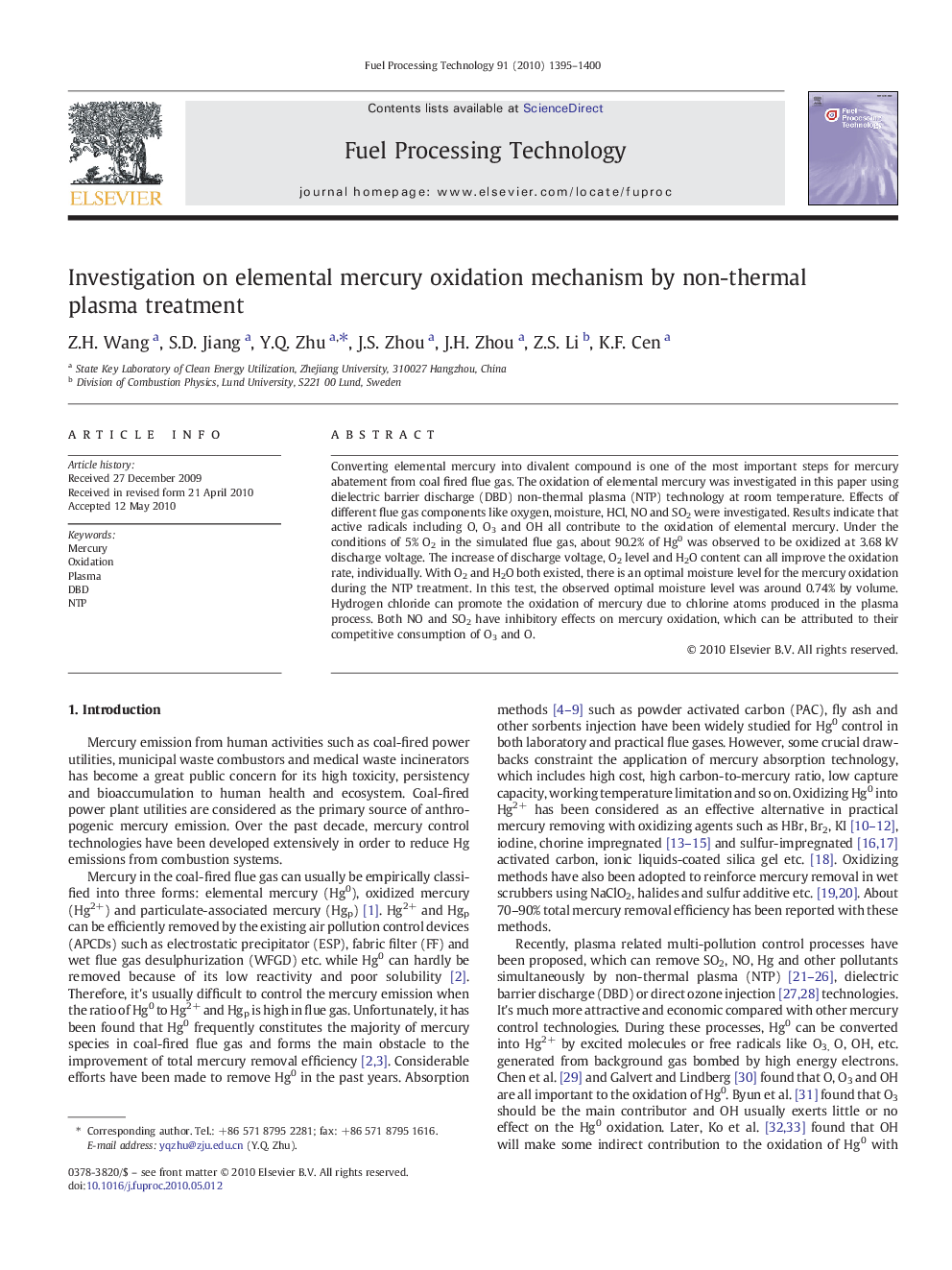 Investigation on elemental mercury oxidation mechanism by non-thermal plasma treatment