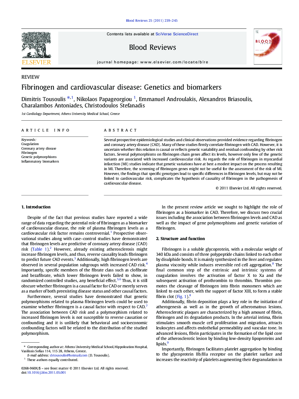 Fibrinogen and cardiovascular disease: Genetics and biomarkers