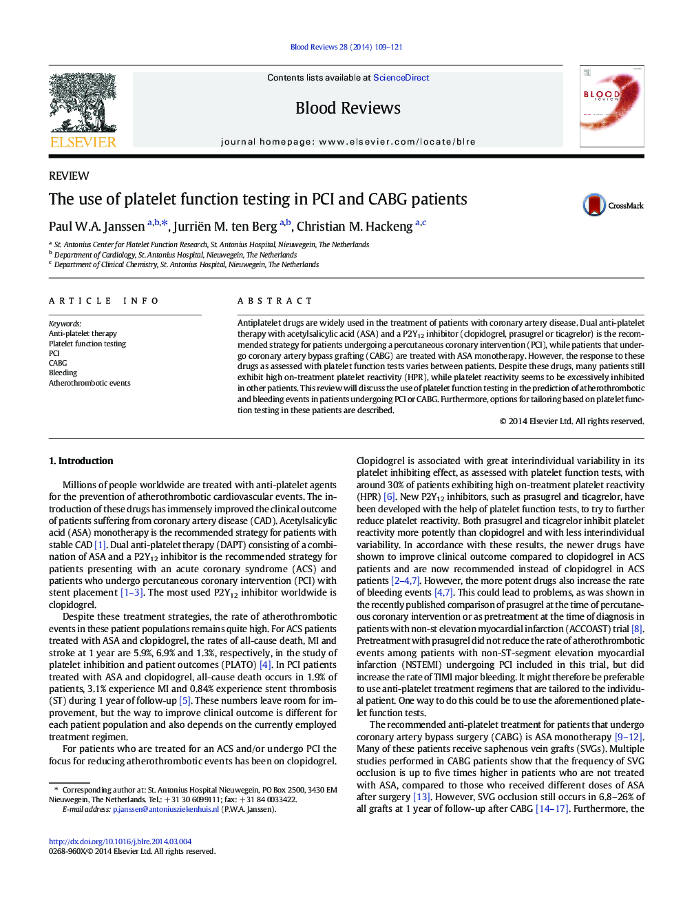 The use of platelet function testing in PCI and CABG patients