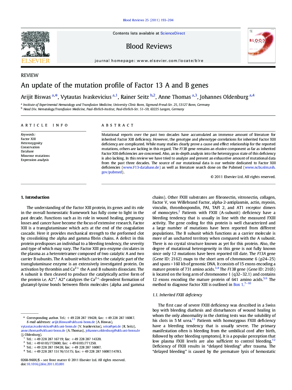 An update of the mutation profile of Factor 13 A and B genes