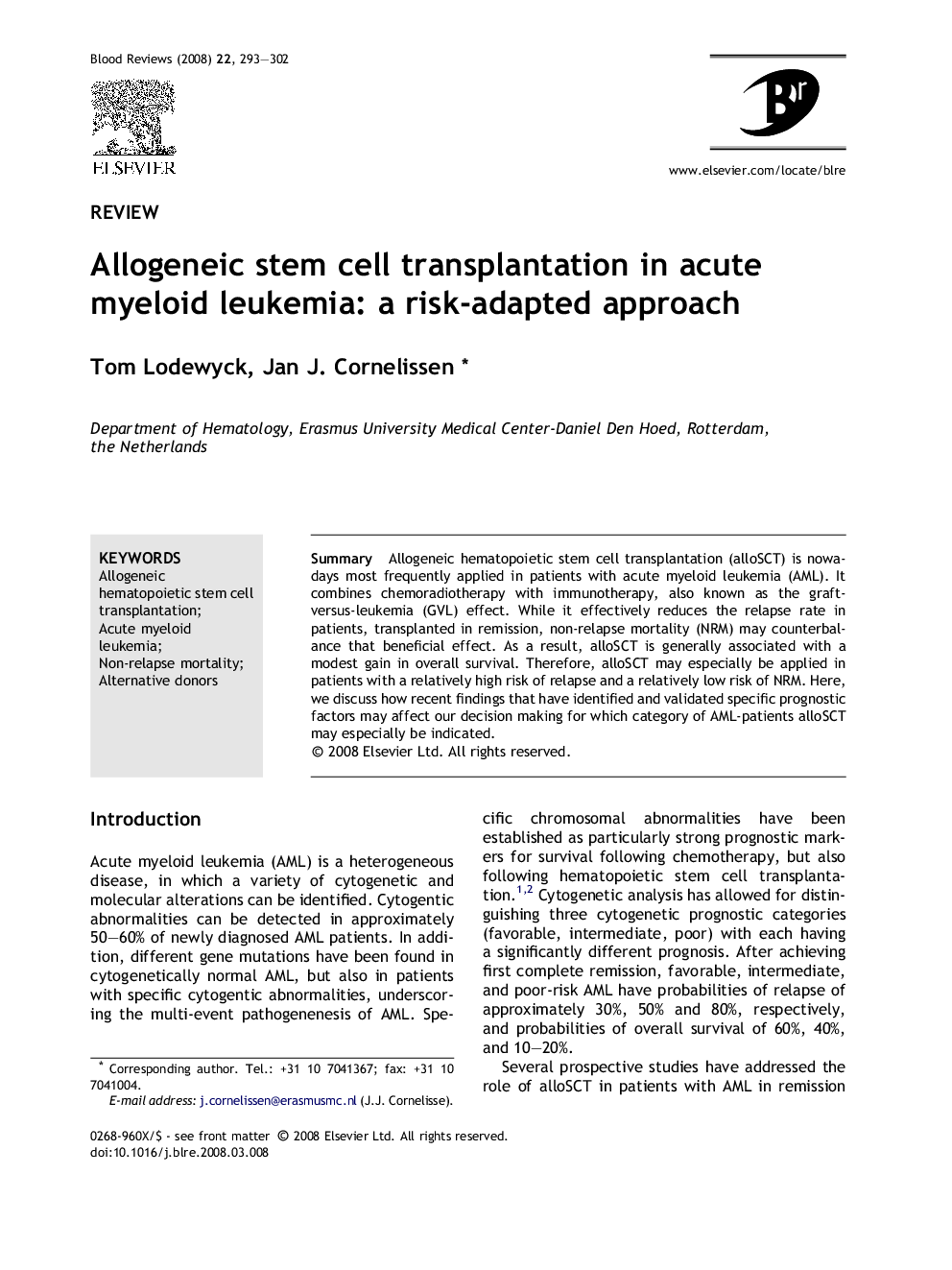 Allogeneic stem cell transplantation in acute myeloid leukemia: a risk-adapted approach