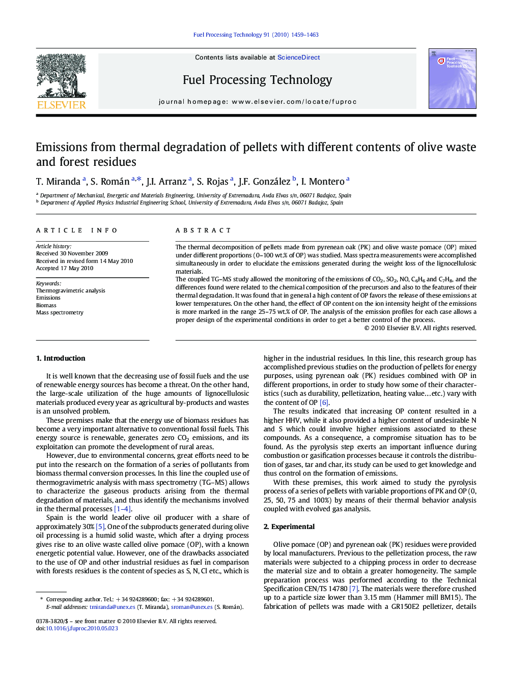 Emissions from thermal degradation of pellets with different contents of olive waste and forest residues