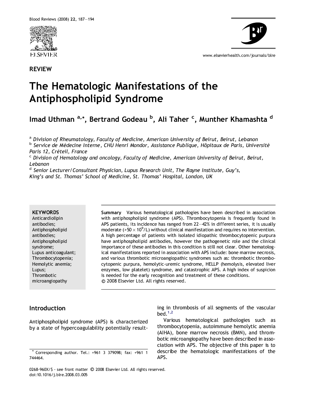 The Hematologic Manifestations of the Antiphospholipid Syndrome