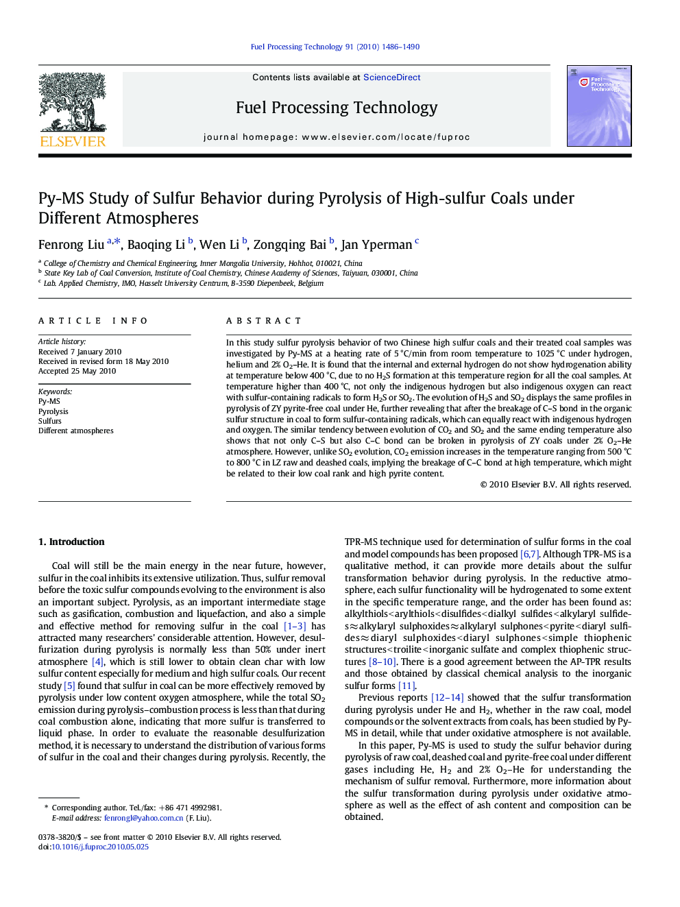 Py-MS Study of Sulfur Behavior during Pyrolysis of High-sulfur Coals under Different Atmospheres