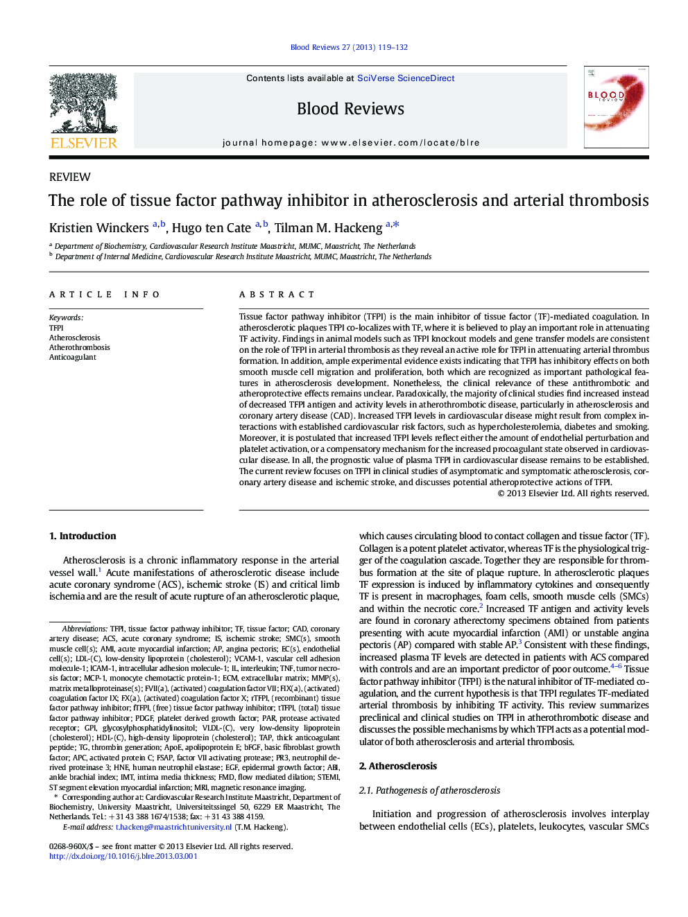 The role of tissue factor pathway inhibitor in atherosclerosis and arterial thrombosis