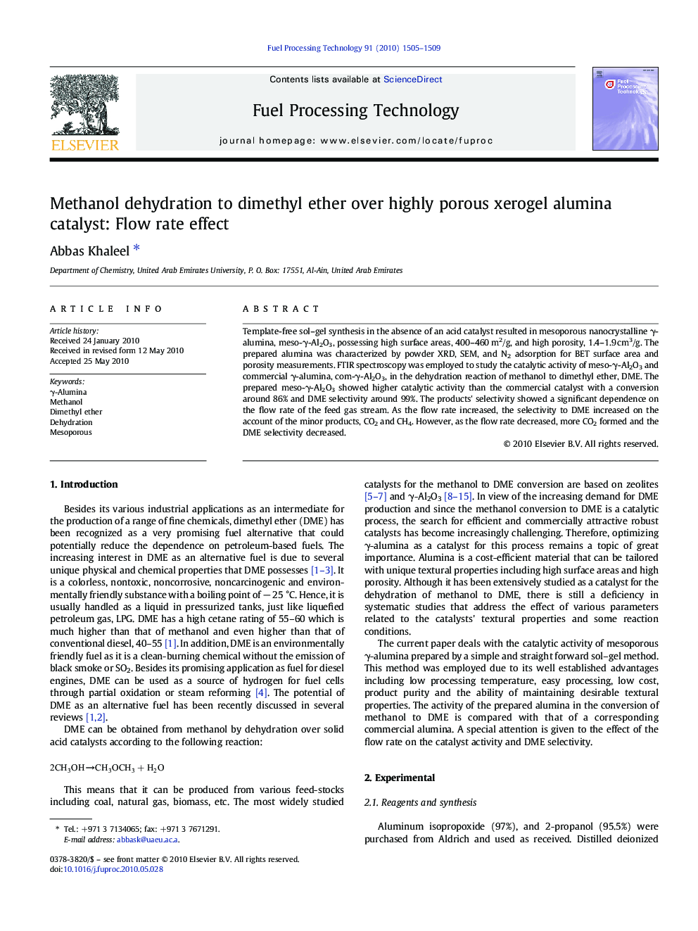 Methanol dehydration to dimethyl ether over highly porous xerogel alumina catalyst: Flow rate effect