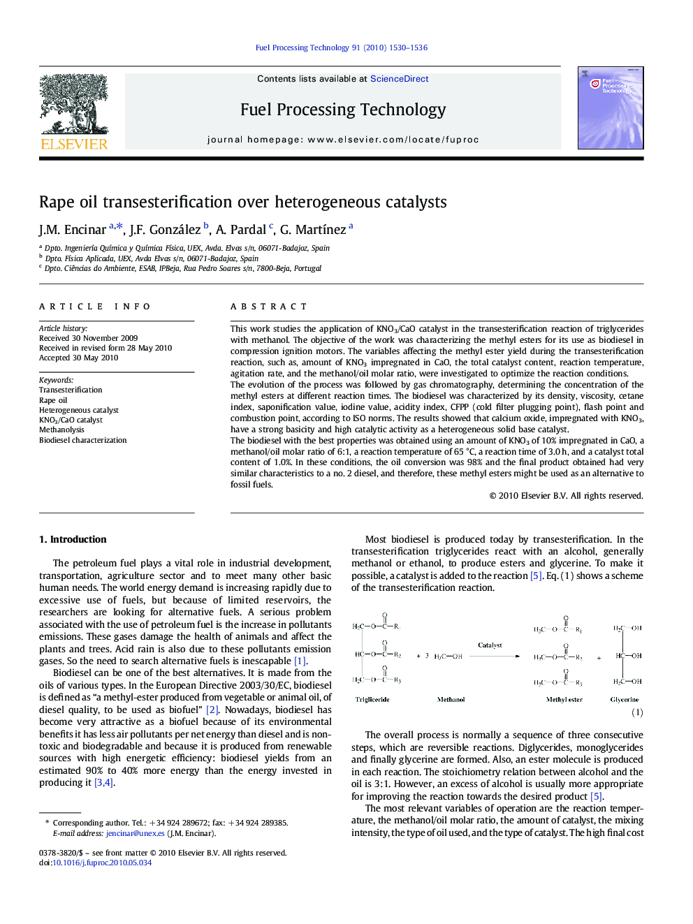 Rape oil transesterification over heterogeneous catalysts