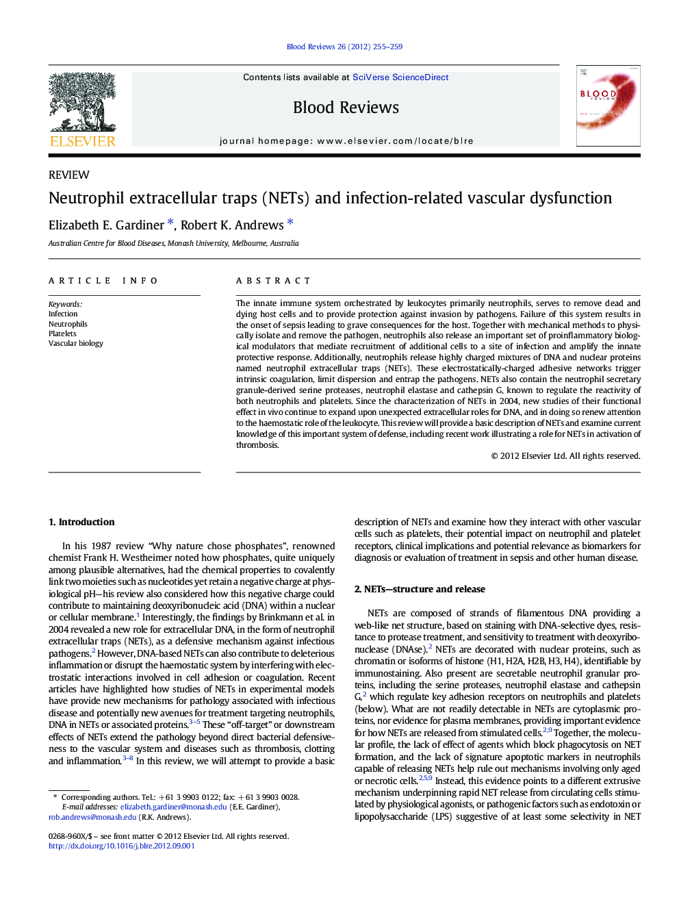 Neutrophil extracellular traps (NETs) and infection-related vascular dysfunction