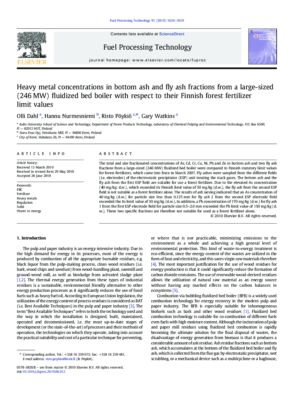 Heavy metal concentrations in bottom ash and fly ash fractions from a large-sized (246 MW) fluidized bed boiler with respect to their Finnish forest fertilizer limit values