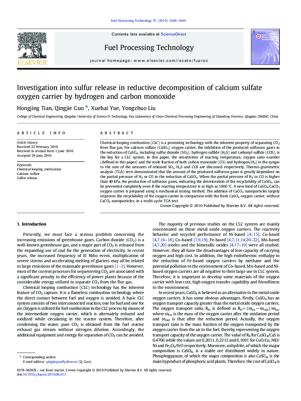Investigation into sulfur release in reductive decomposition of calcium sulfate oxygen carrier by hydrogen and carbon monoxide