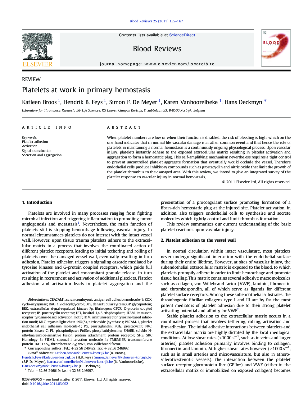 Platelets at work in primary hemostasis