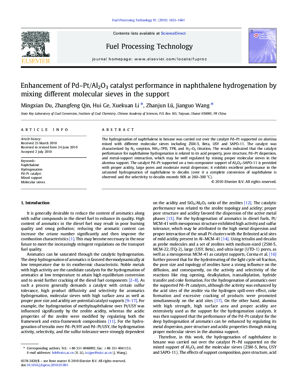 Enhancement of Pd–Pt/Al2O3 catalyst performance in naphthalene hydrogenation by mixing different molecular sieves in the support