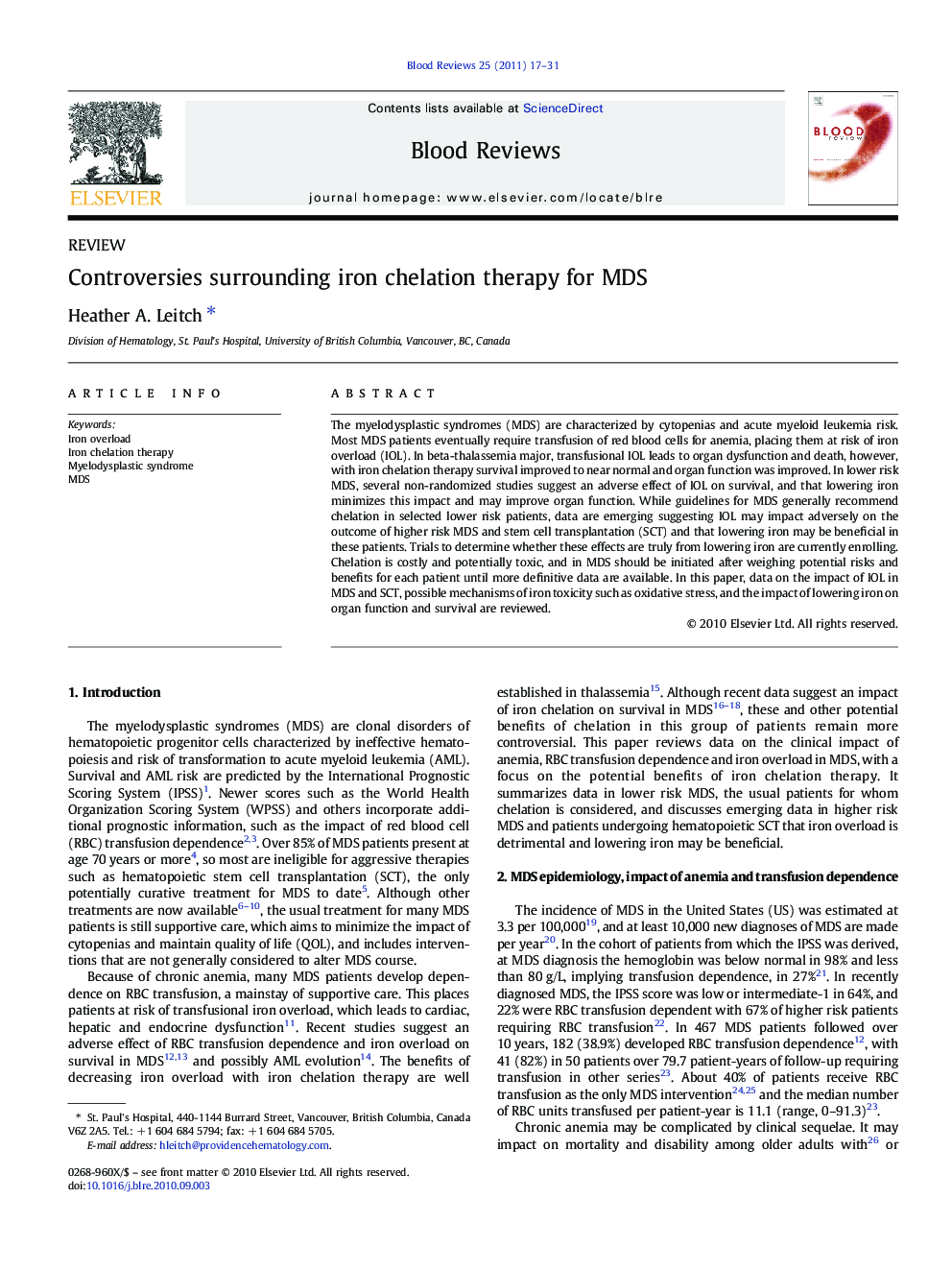 Controversies surrounding iron chelation therapy for MDS