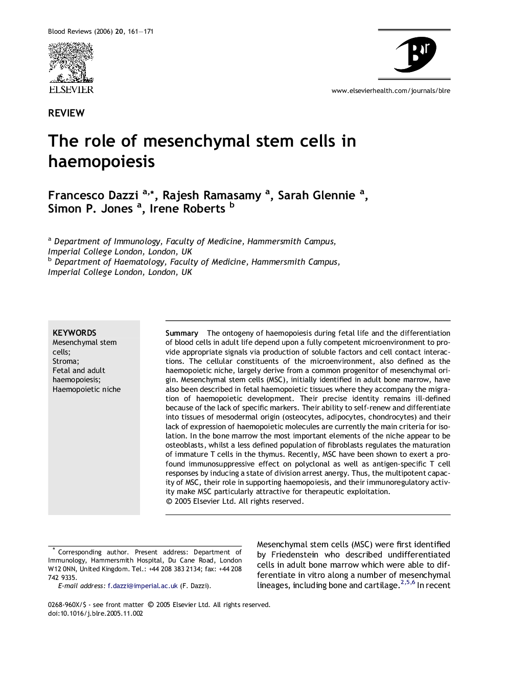 The role of mesenchymal stem cells in haemopoiesis