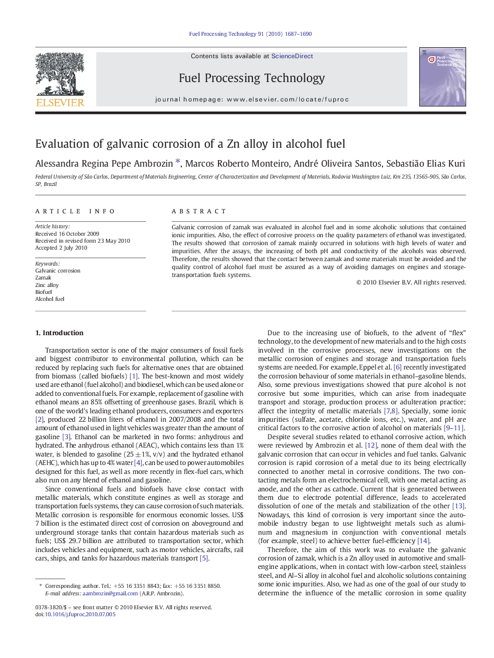 Evaluation of galvanic corrosion of a Zn alloy in alcohol fuel