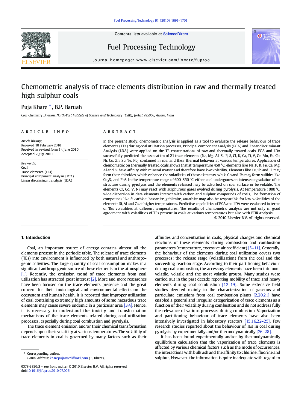 Chemometric analysis of trace elements distribution in raw and thermally treated high sulphur coals