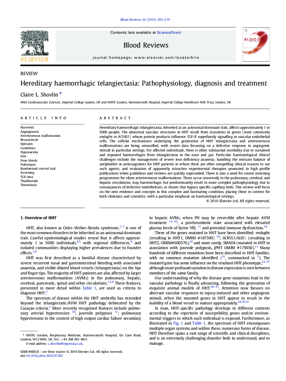 Hereditary haemorrhagic telangiectasia: Pathophysiology, diagnosis and treatment