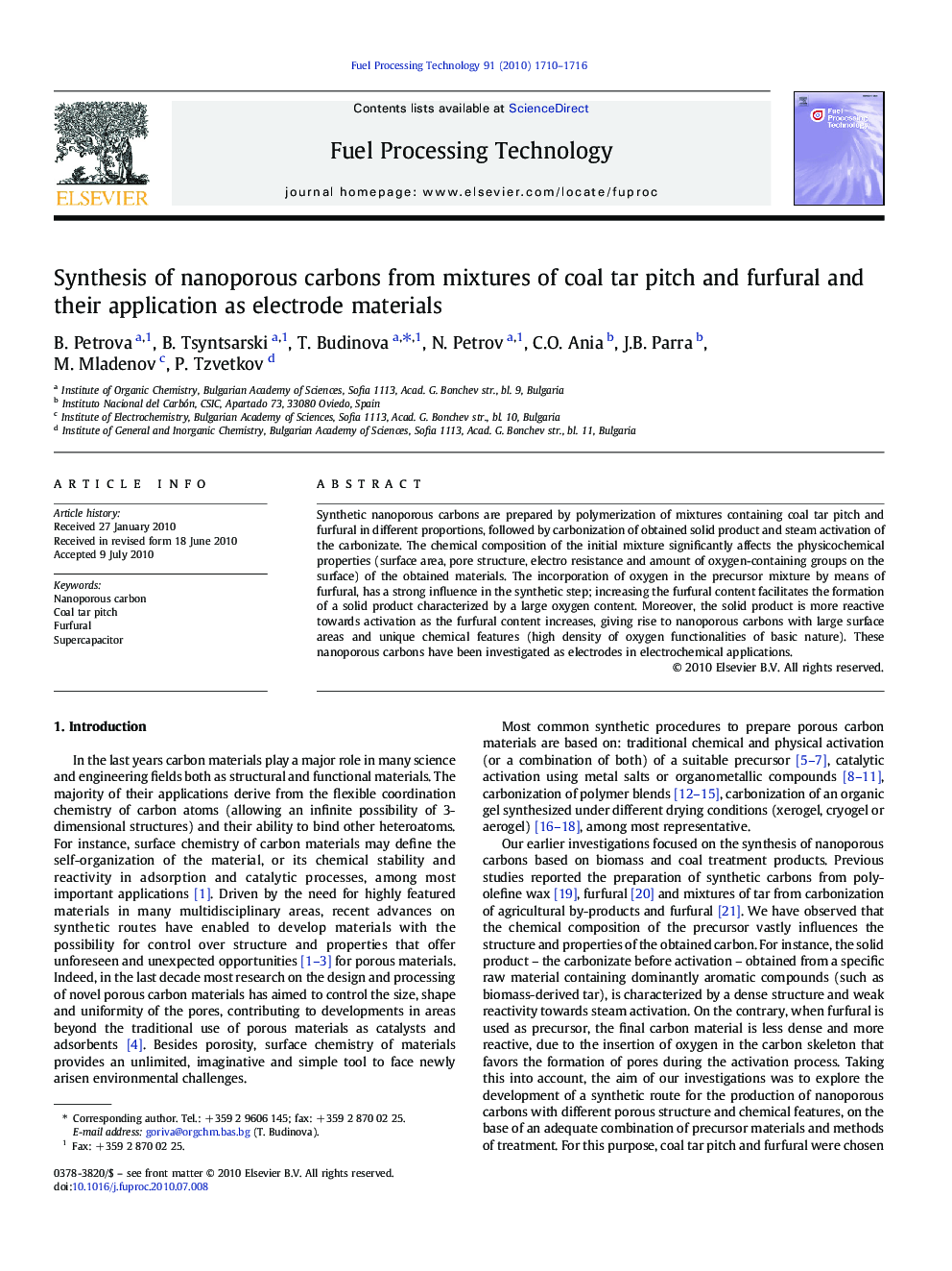 Synthesis of nanoporous carbons from mixtures of coal tar pitch and furfural and their application as electrode materials