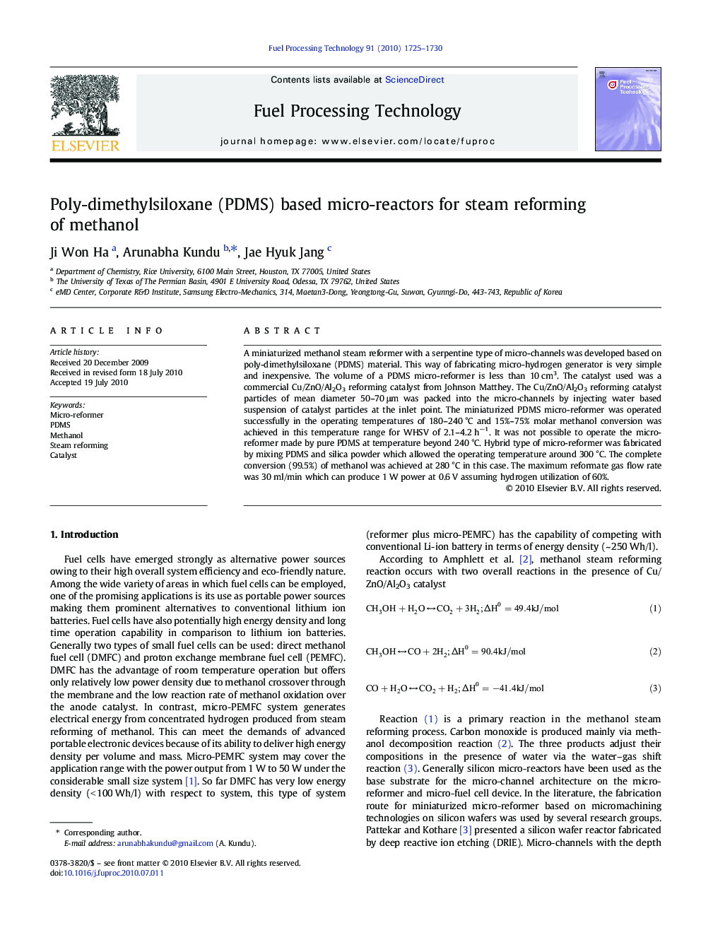 Poly-dimethylsiloxane (PDMS) based micro-reactors for steam reforming of methanol