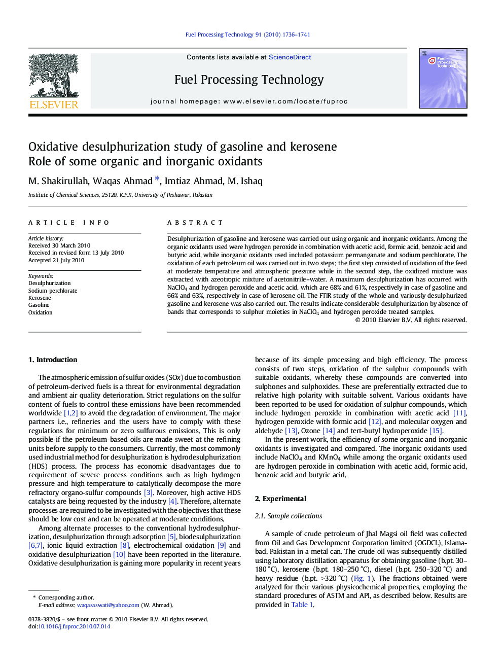 Oxidative desulphurization study of gasoline and kerosene: Role of some organic and inorganic oxidants