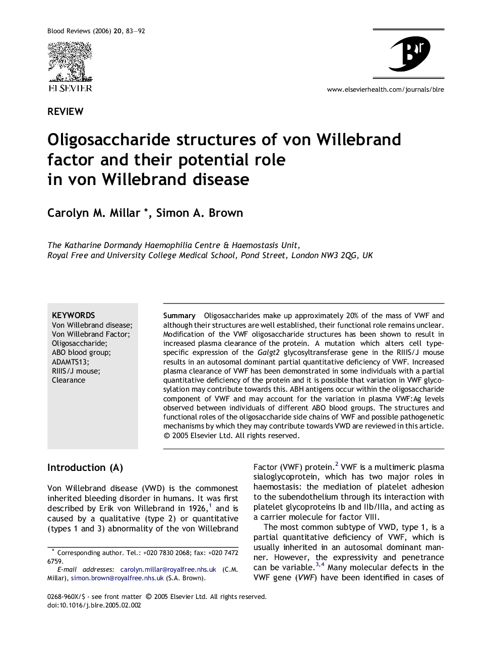 Oligosaccharide structures of von Willebrand factor and their potential role in von Willebrand disease