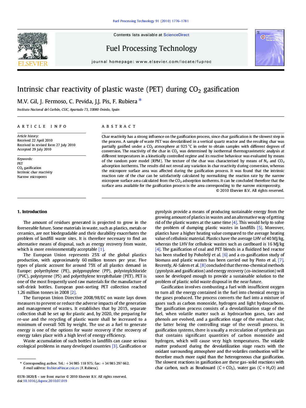 Intrinsic char reactivity of plastic waste (PET) during CO2 gasification