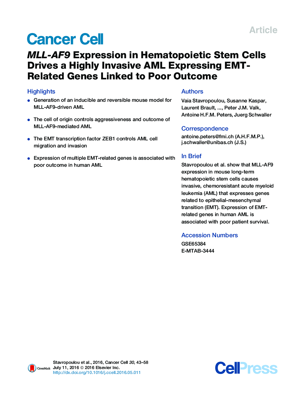 MLL-AF9 Expression in Hematopoietic Stem Cells Drives a Highly Invasive AML Expressing EMT-Related Genes Linked to Poor Outcome